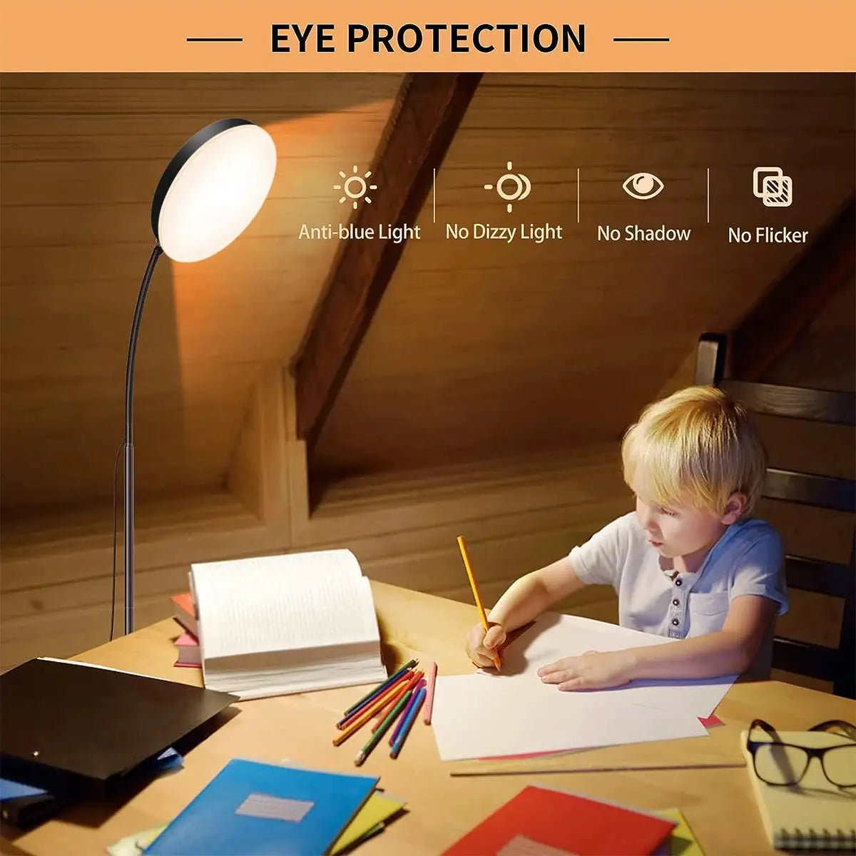 Simples Market LED floor lamp with flexible gooseneck, dimmable table or floor task light beside a child at a desk