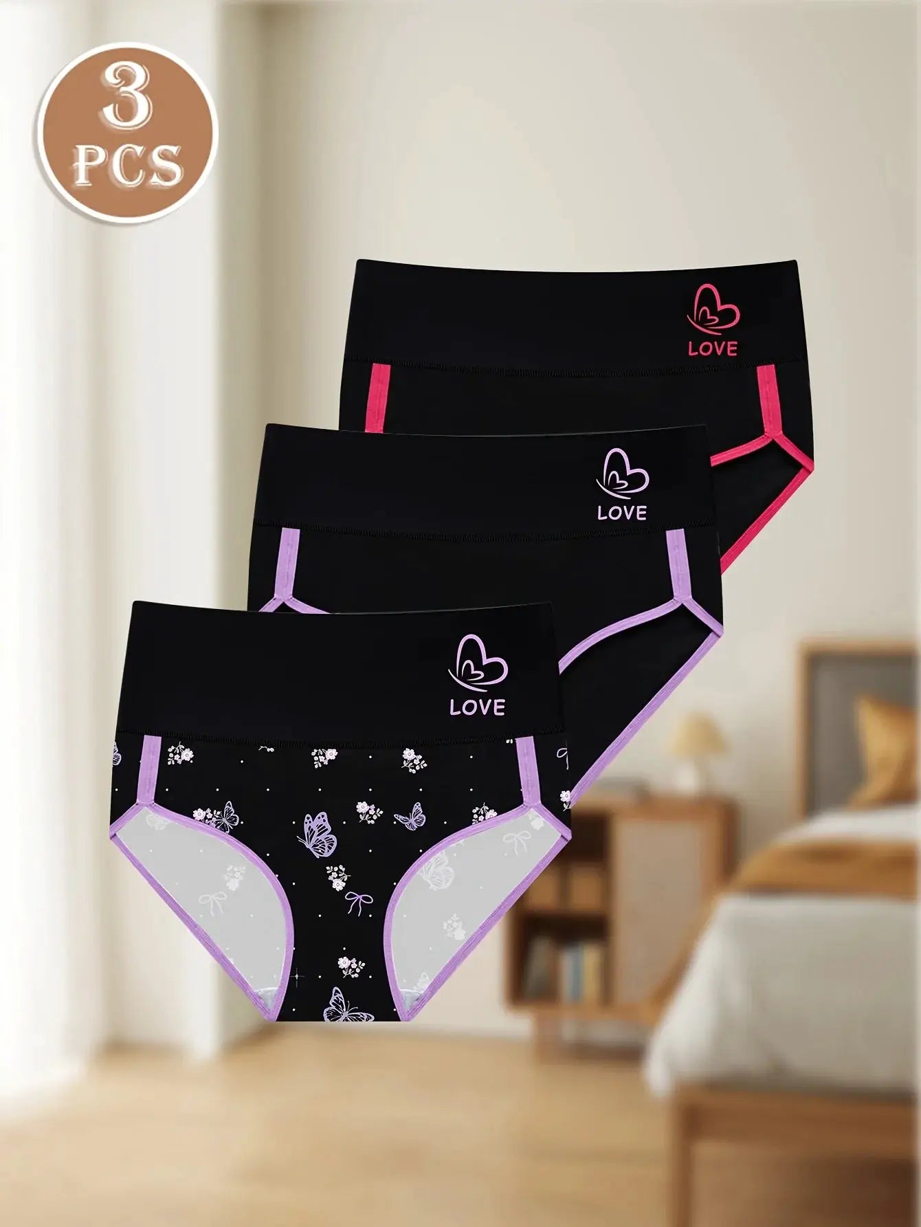 3-pack women's high-waisted briefs in black with pink trim and floral butterflies; Simples Market.