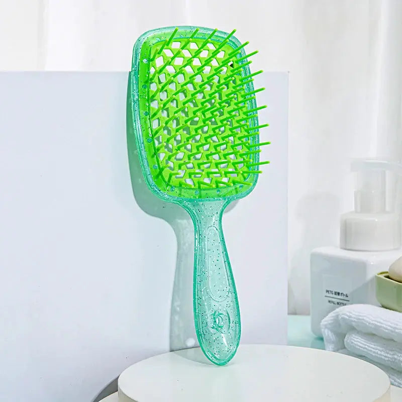 Simples Market detangling hair brush, green hollow-out design, translucent handle for wet and curly hair