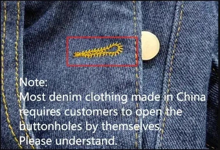 Casual denim shorts for women; blue denim fabric, yellow topstitching, metal button, plus a note about buttonholes.