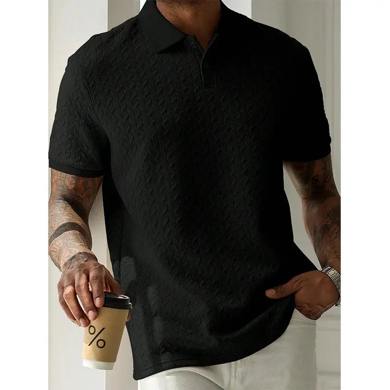 Men's black polo shirt with short sleeves and textured vertical pattern, breathable