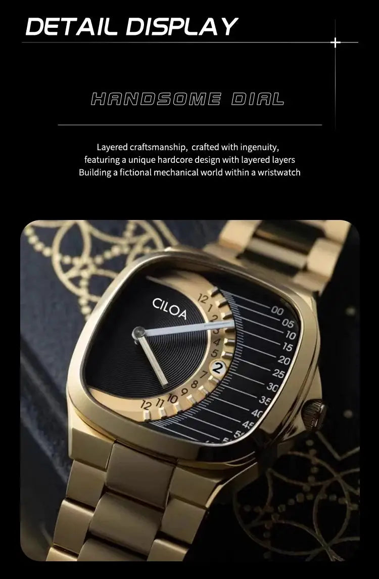 CILOA retro square men's watch with gold stainless steel strap and waterproof quartz