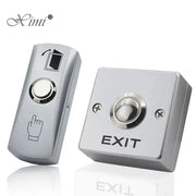 Ximi silver exit push-button panel pair in zinc alloy; two-piece door access control set with circular button and EXIT plate.