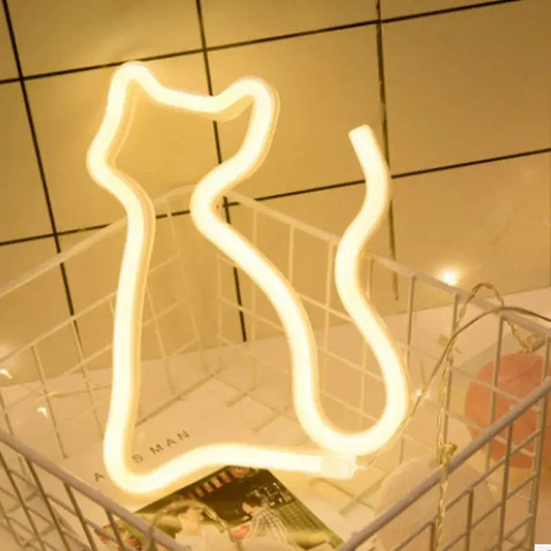 Cat neon sign; warm white LED, USB powered wall decor