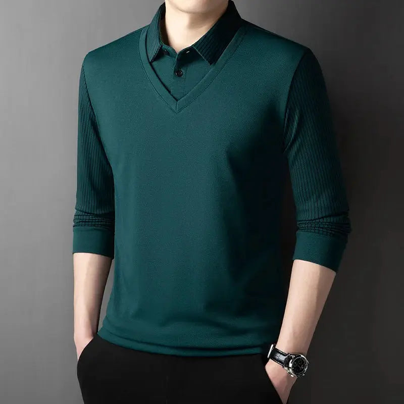 Men's green solid long-sleeve knit top with V-neck and layered collared shirt look