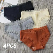 4-piece lace wavy-trim bikini panties set in black, beige, gray, and rust