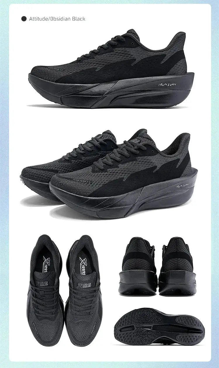 IRUNSVAN carbon fiber running shoes, black unisex sneakers with a thick platform sole.