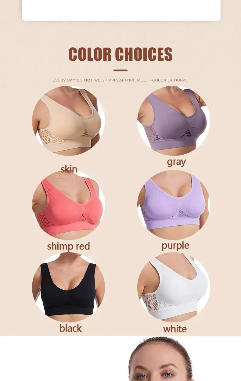 Simples Market S-7XL Plus Size Grid Air Holes Sports Bra six color options: skin, gray, shimp red, purple, black, white