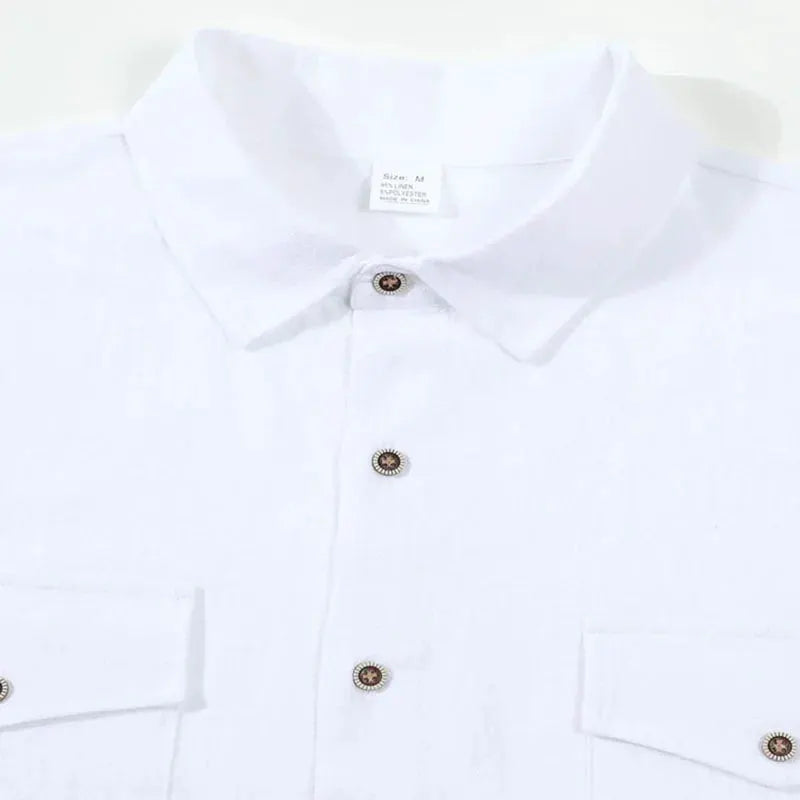 Men's white linen long-sleeve button-up shirt with double chest pockets