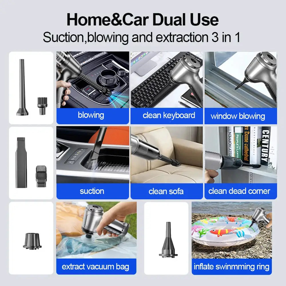 Simples Market car vacuum cleaner, wireless handheld with 95000Pa suction and multiple nozzles for car interiors.