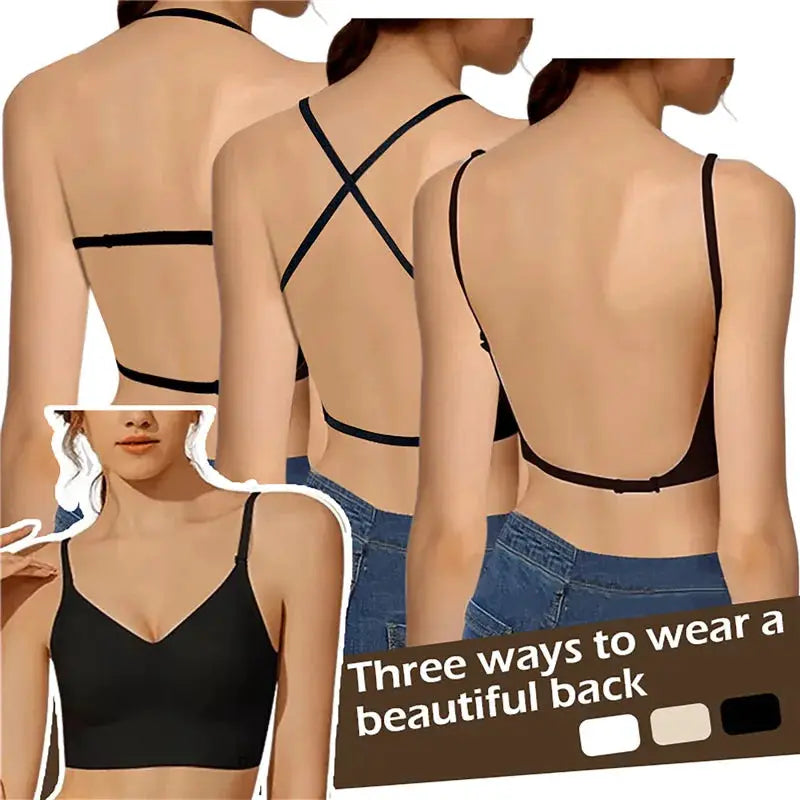 Simples Market backless invisible bra in black with cross-back straps; collage of multiple views