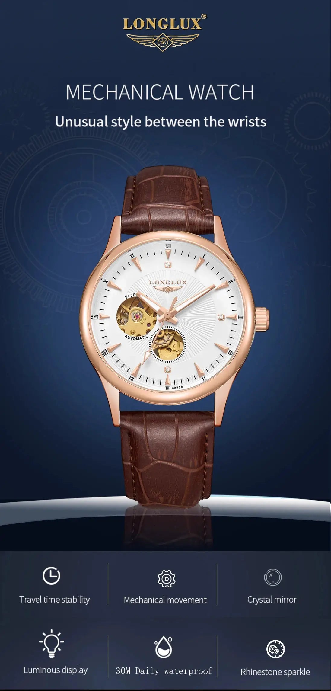LongLux mechanical watch with rose-gold case, white dial, visible skeleton gears, brown leather strap