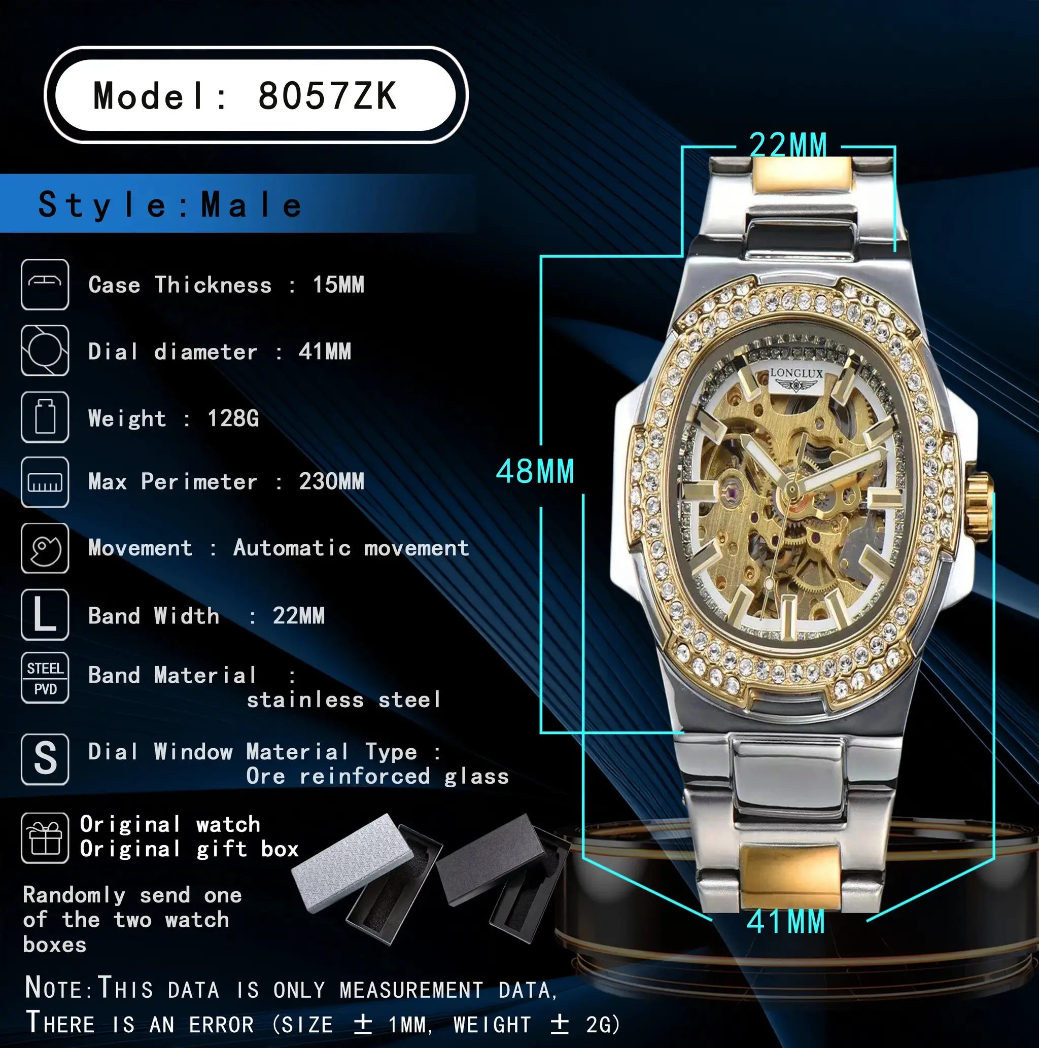 LONGLUX automatic men's skeleton wristwatch with diamond bezel from Simples Market