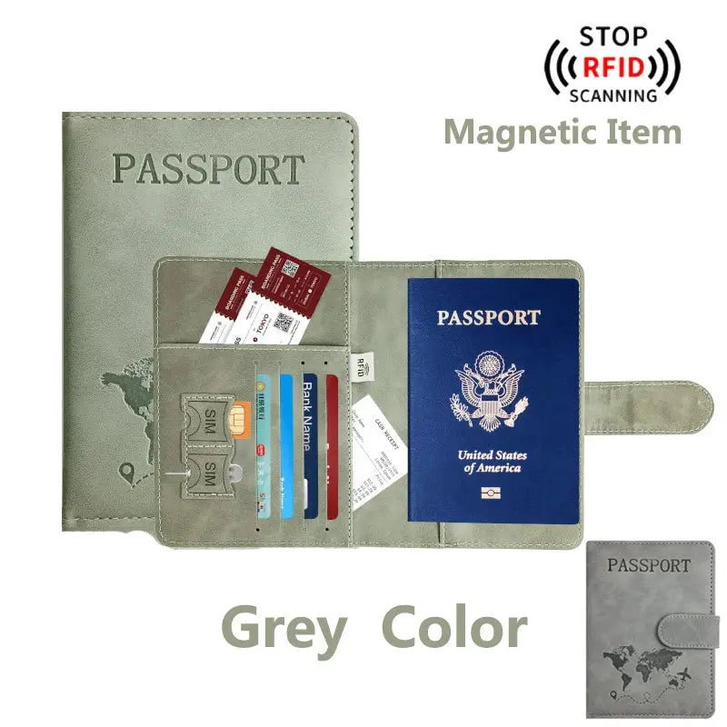 Passport holder grey travel wallet with RFID-blocking slots for cards and passport