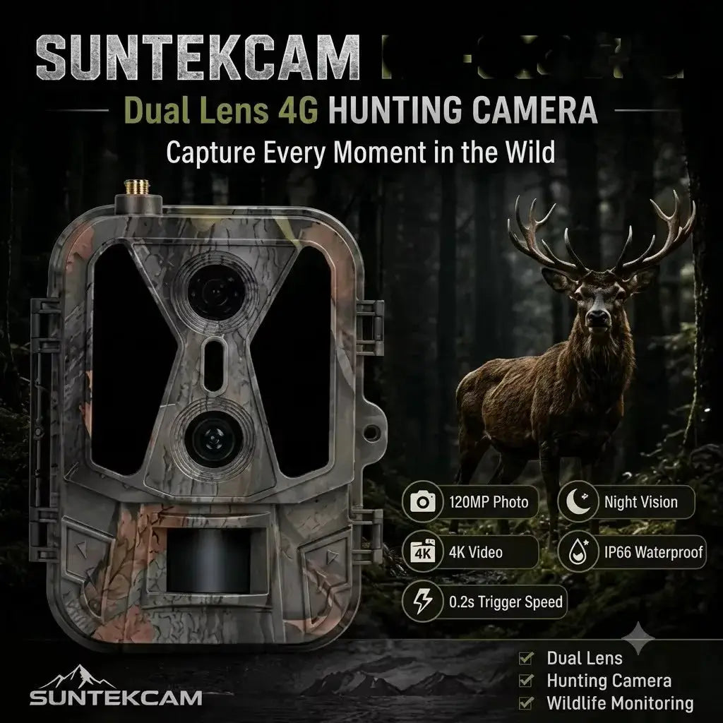 Dual-lens 4G hunting camera by SuntekCam; camouflage finish, 4K video, 120MP photo, night vision, IP66 waterproof