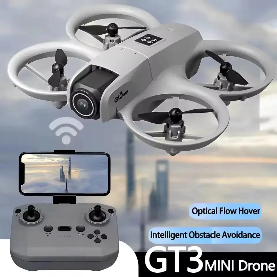 GT3 Mini Drone quadcopter with white body and circular prop guards, shown with remote controller and smartphone screen