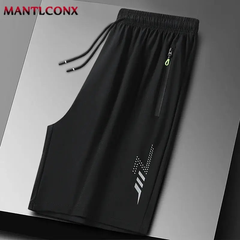 Men's black quick-dry jogging shorts with elastic drawcord waistband, side zip pocket and neon-green zipper pull