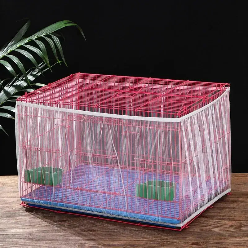 Pink wire bird cage with white mesh cover and blue base tray