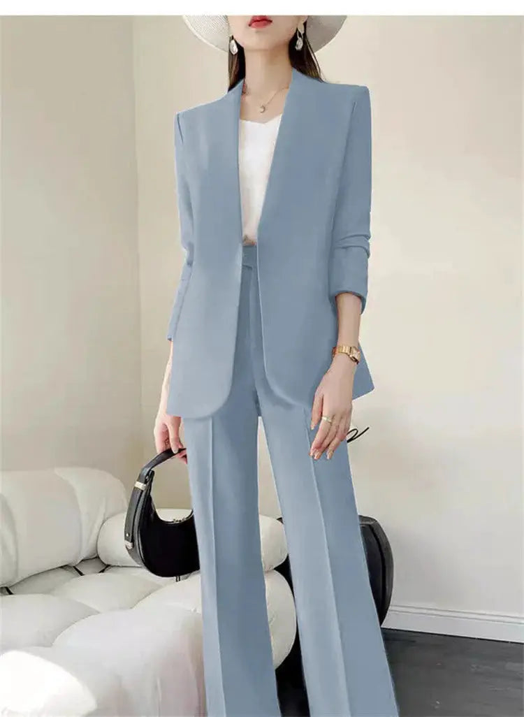 Simples Market 2-piece women's suit set in light blue blazer and wide-leg pants with white top