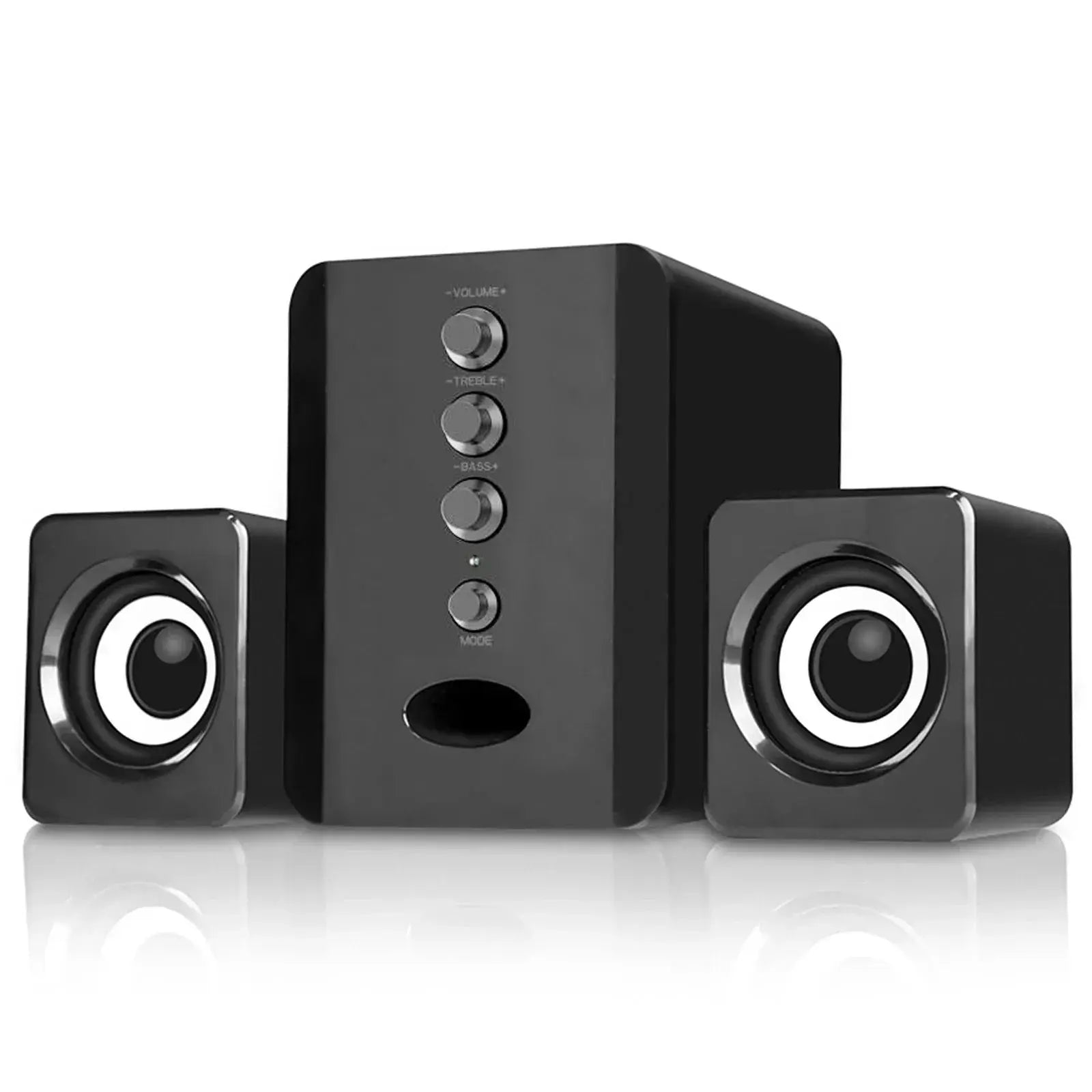 XIKCU universal full-range 3D PC speaker system with subwoofer and two black satellite speakers
