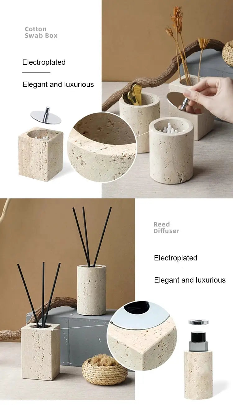 Beige travertine bathroom accessories set, 4-piece, soap dispenser, soap dish, reed diffuser, and vanity tray.