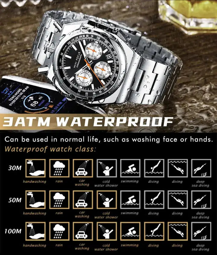 MINI FOCUS men's chronograph wristwatch with stainless steel band, black dial and orange hands, 3ATM waterproof.