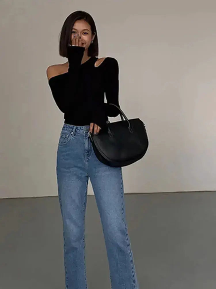 Skew Collar Off Shoulder Long Sleeve Crop Top Women Spring Solid Slim Fit Hollow Out Tee Shirt