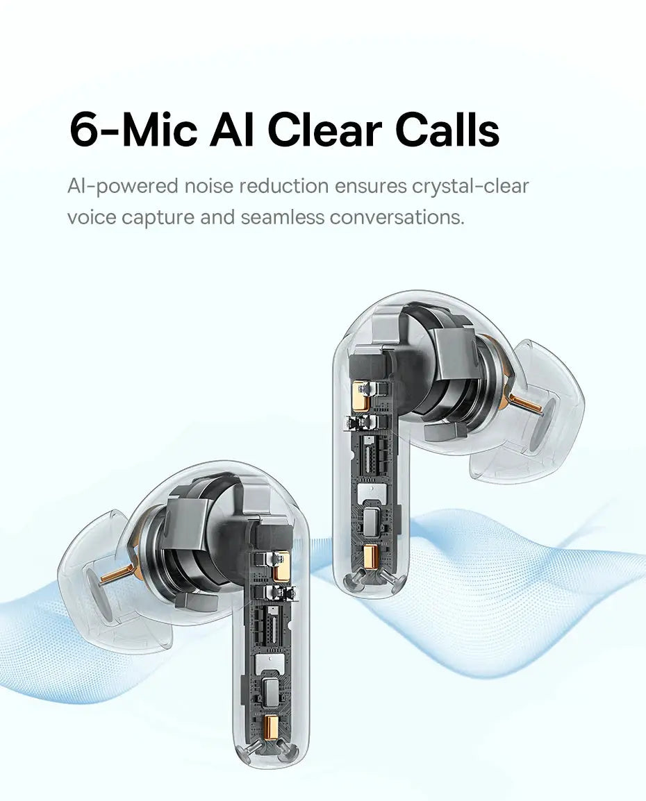 Baseus EP10 Pro ANC earbuds from Simples Market; transparent shell reveals internal components, wireless earphones
