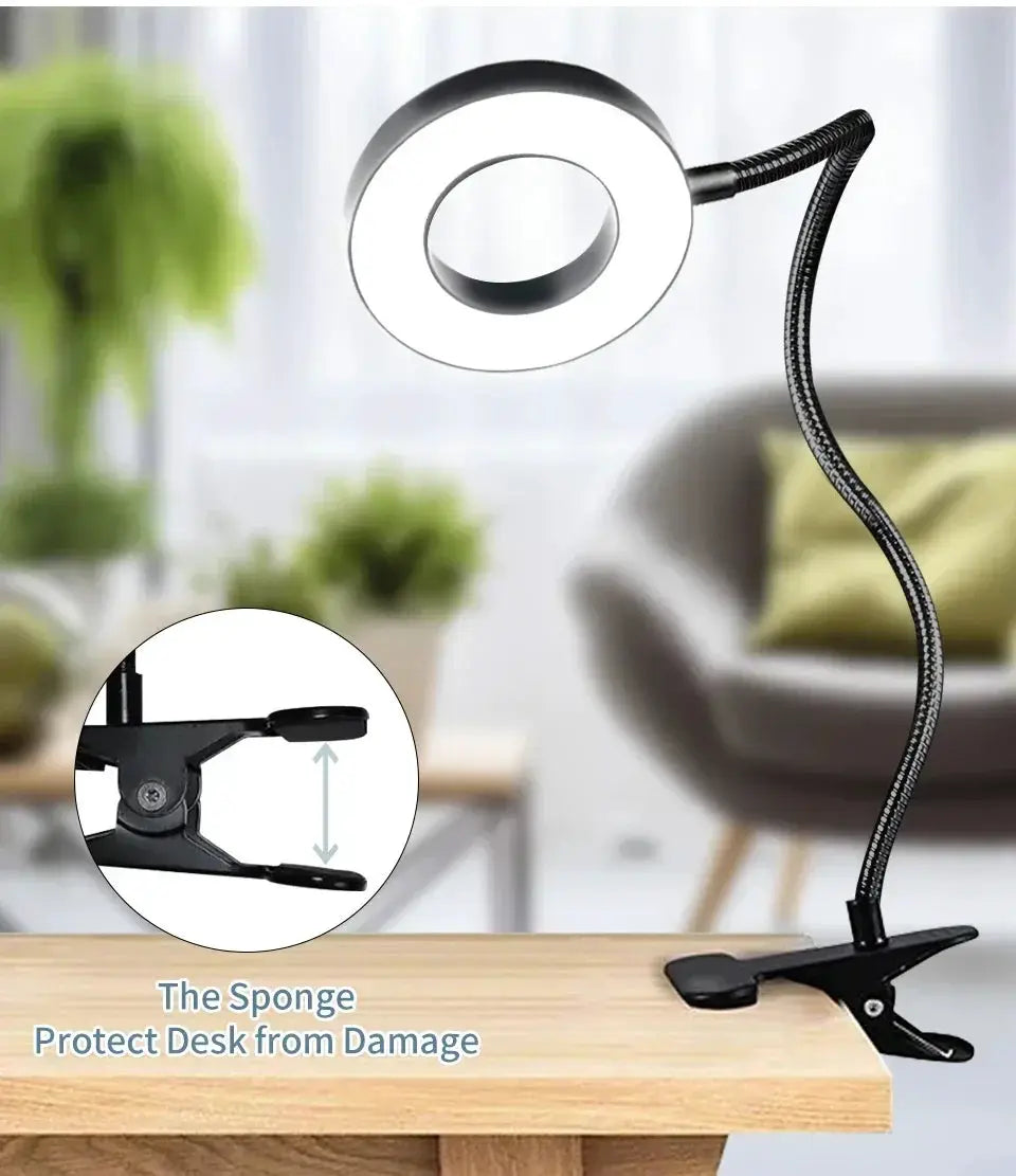 Black LED desk clip lamp with flexible gooseneck and circular ring light, clamp base, USB powered