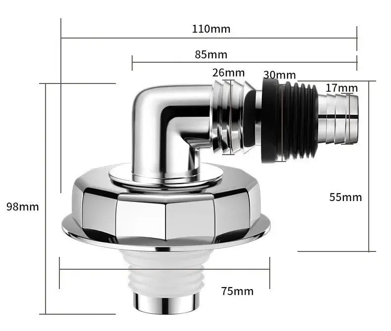 Washing machine drain connector by Simples Market, chrome elbow with universal hose adapter