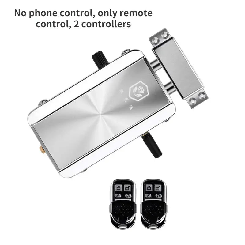Tuya wifi remote smart door lock in silver metal finish with two black remote controllers