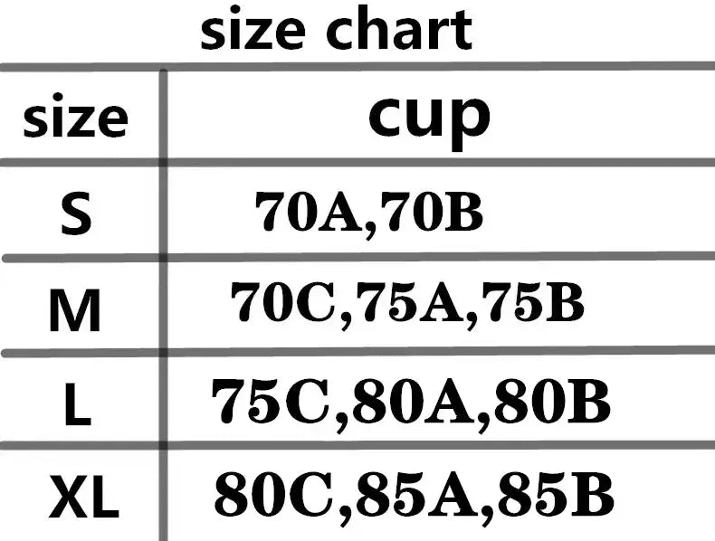 Seamless women's bra size chart for S–XL with cup sizes 70A–85B.