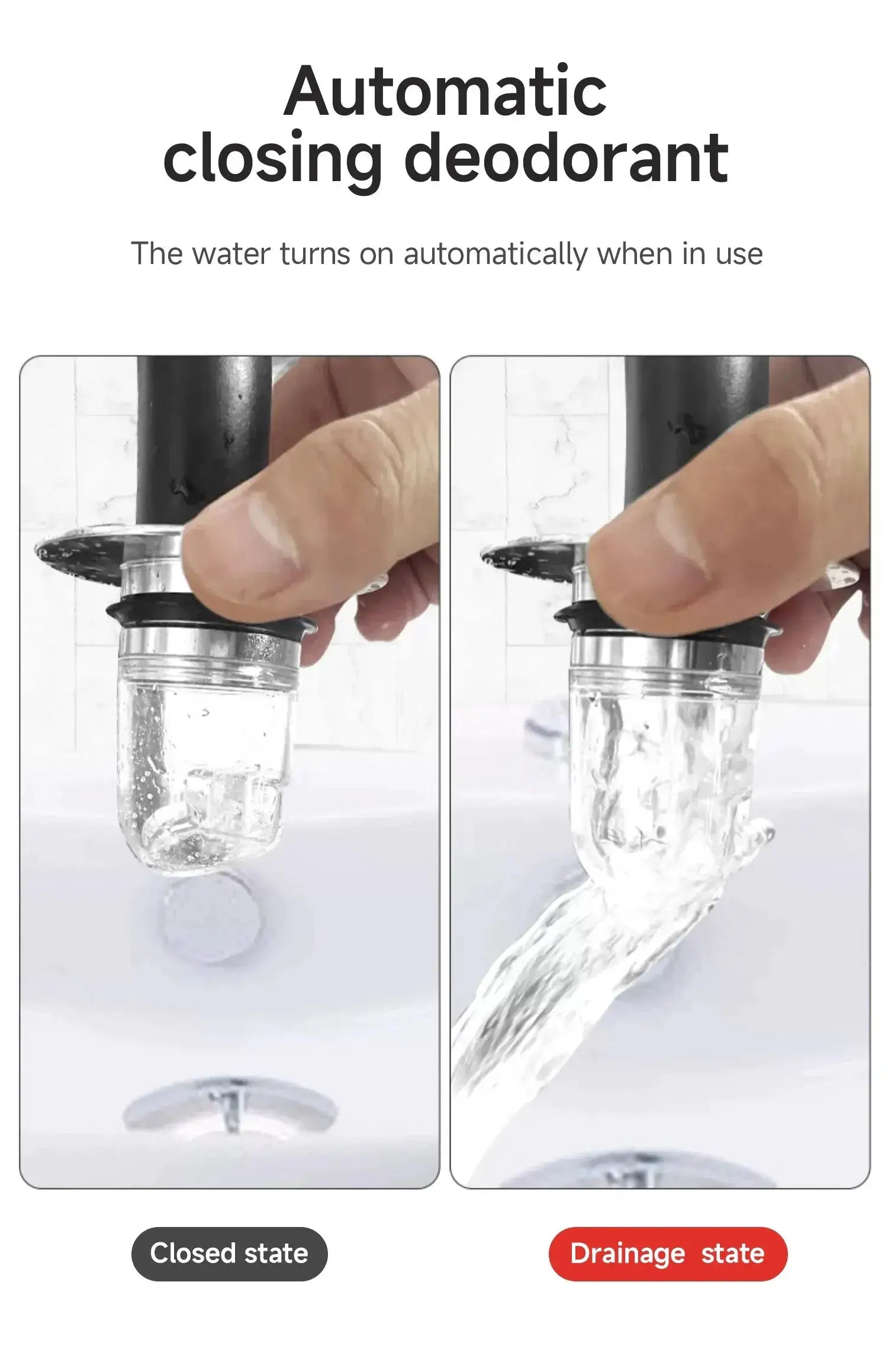 Universal basin pop-up drain filter and hair sink strainer for kitchen/bathroom, two-state closed and draining.