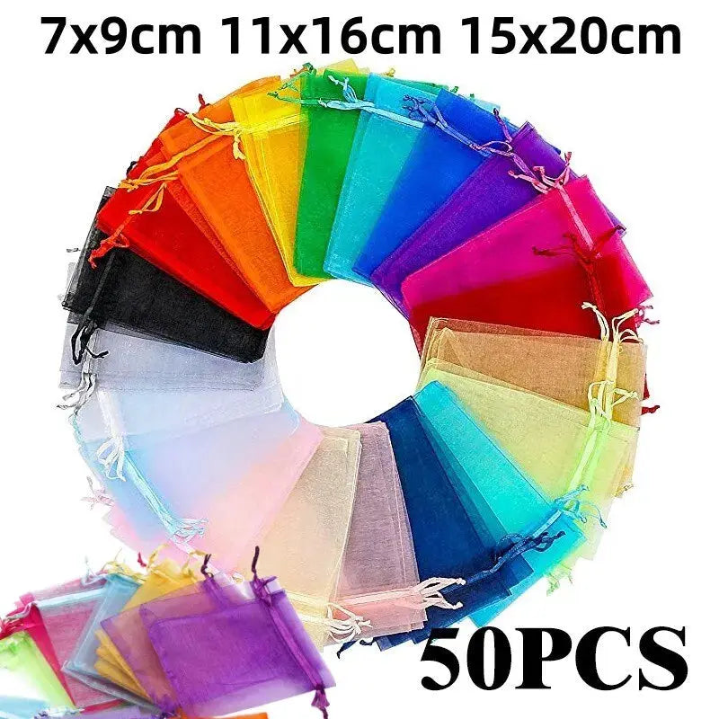Multicolor Organza Jewelry Packaging Bags 50 Pcs Lot 7x9cm 11x16cm 15x20cm Drawstring Pouches Wedding Gifts Wholesale