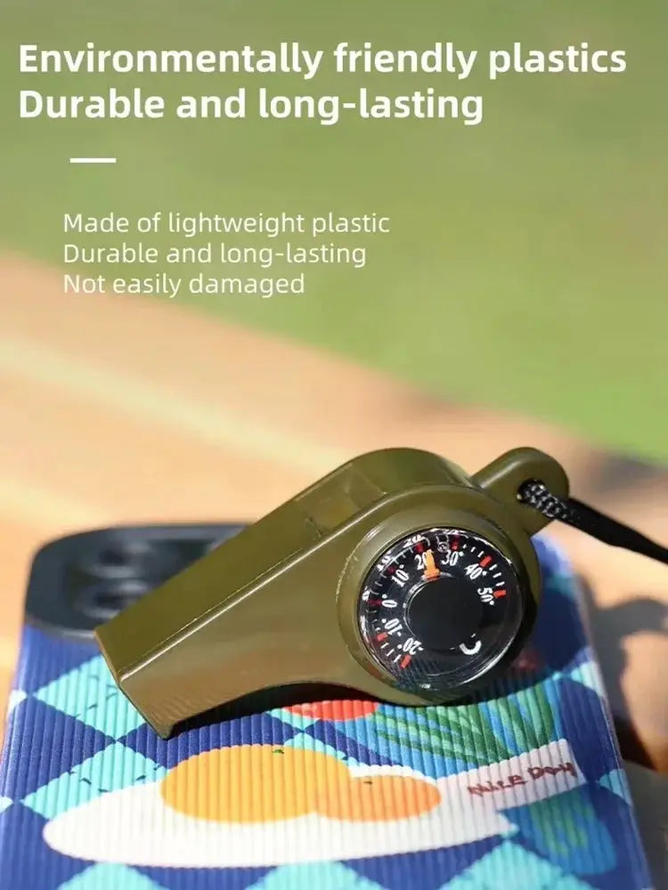 3-in-1 outdoor emergency whistle with compass; olive green plastic for camping and hiking