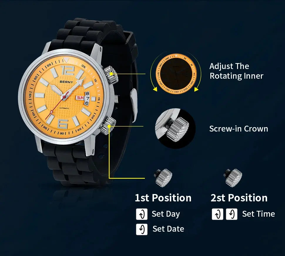 BERNY 20ATM Diver watch for men, black strap, yellow dial, stainless steel case, automatic, sapphire crystal