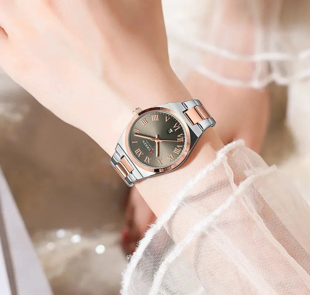CURREN women's waterproof watch, two-tone stainless steel bracelet in silver and rose gold, Roman numeral dial with date