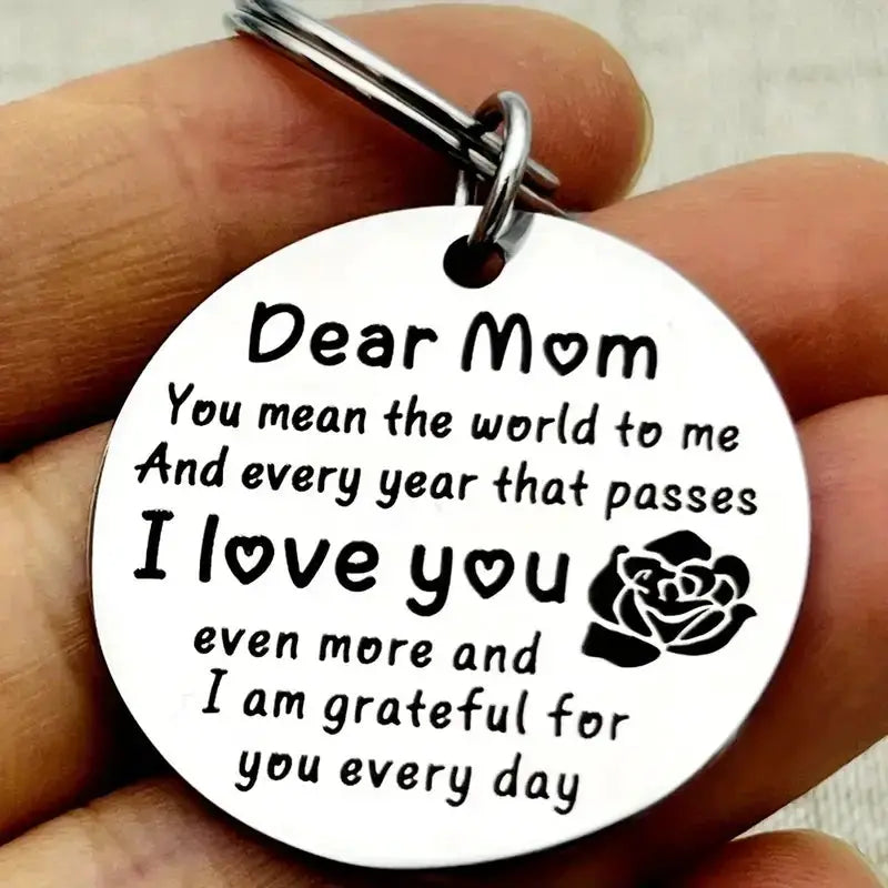 Stainless steel Dear Mom I Love You keychain by Simples Market with engraved message and rose motif