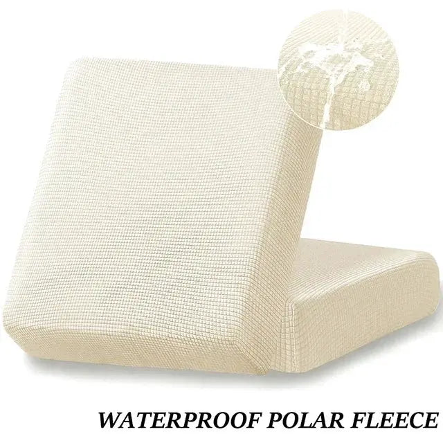 Beige waterproof sofa seat cushion cover in jacquard polar fleece, elastic and removable