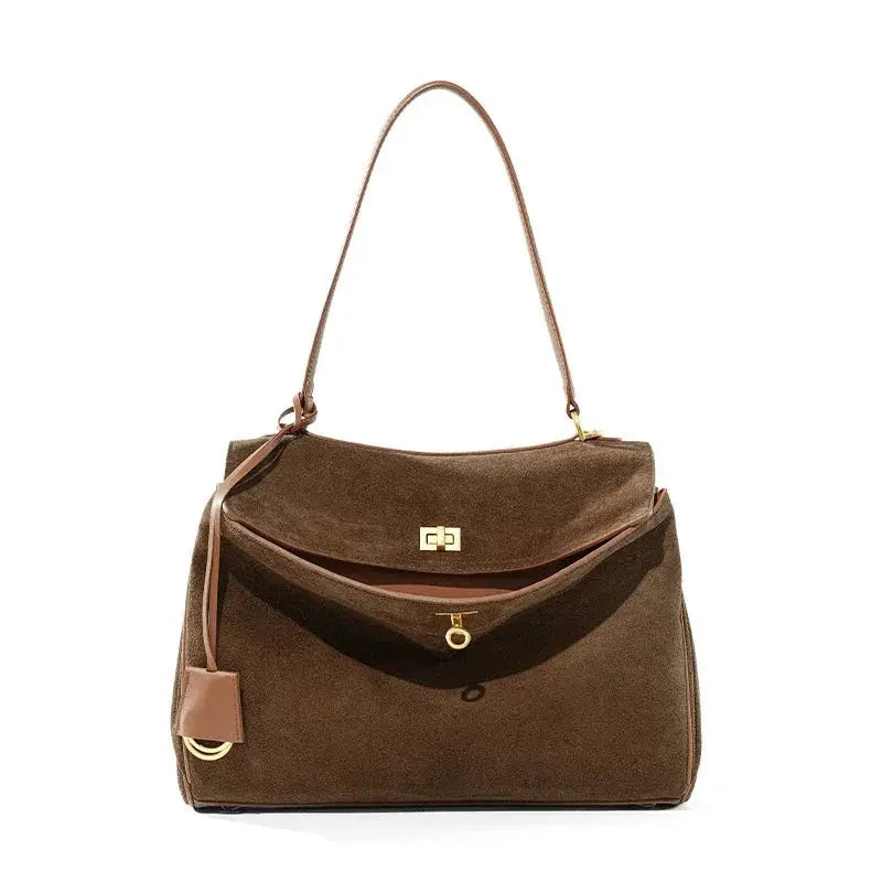 Luxora Autumn Winter Womens Suede Genuine Leather Shoulder Tote Bag Large Capacity Designer Handbag