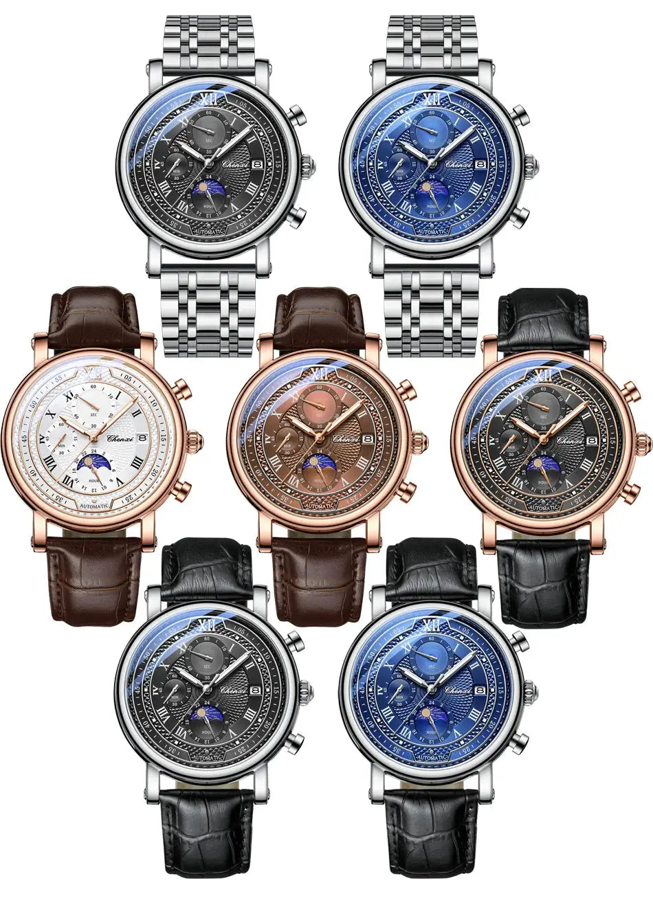 Chenxi 976 leather chronograph date men's watches collection; 8 pieces in silver, blue, white, and rose gold with leather straps