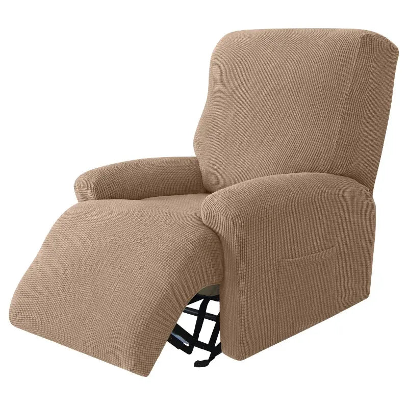 Recliner chair slipcover in tan textured fabric; stretch 4-piece set
