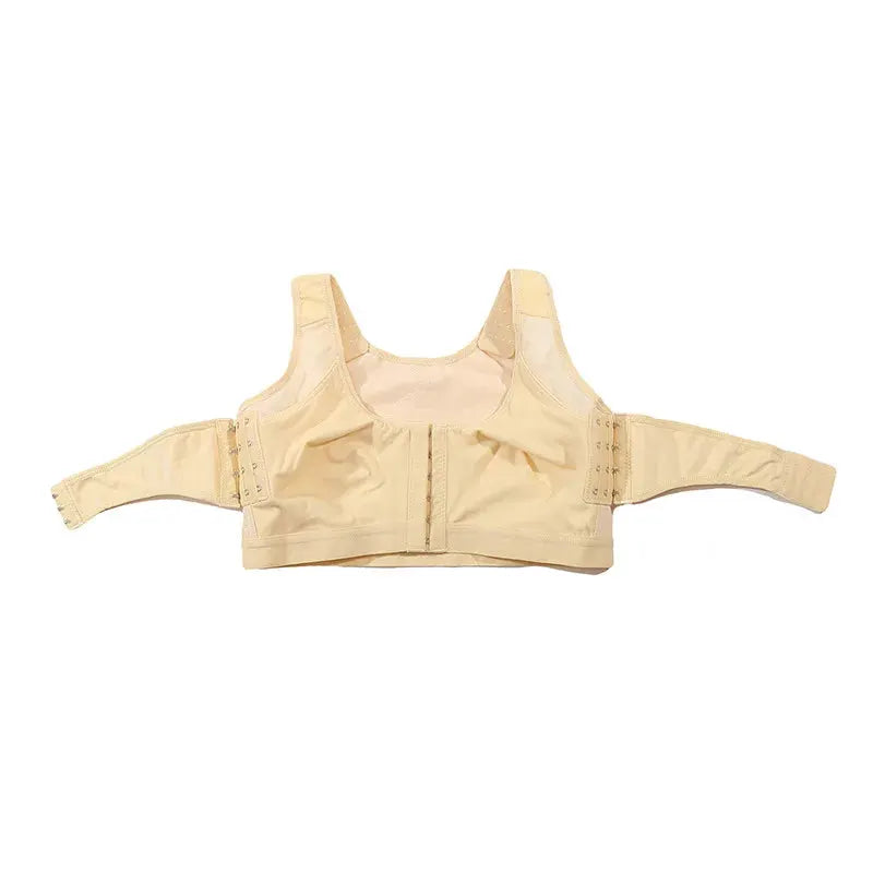Beige post-surgery compression bra by Simples Market with front closure for implant stabilization.