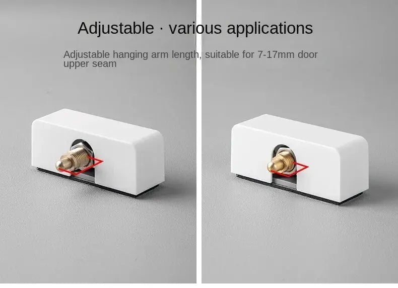 Door closer stopper with white rectangular body and brass connector; adjustable arm length.