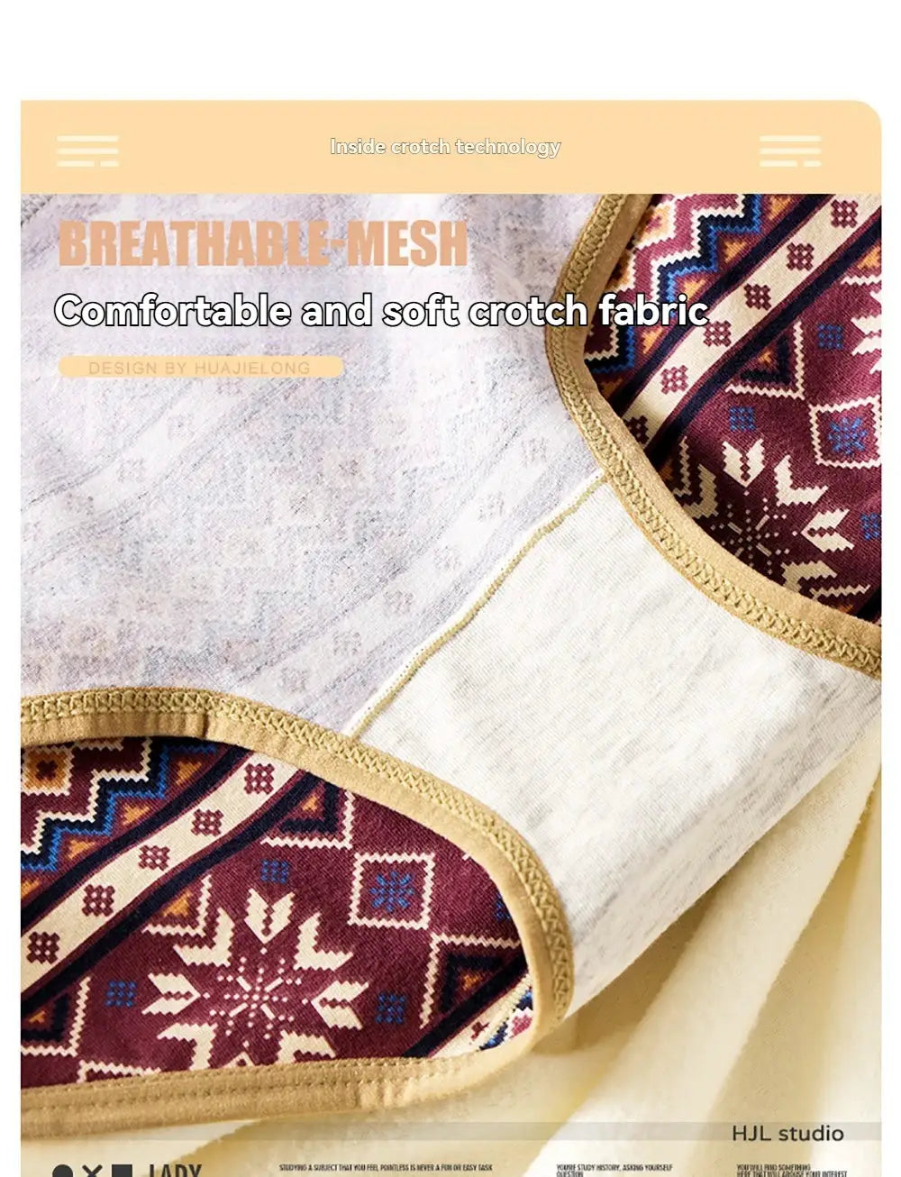 3-pack breathable cotton vintage-print women's briefs by Simples Market with beige trim