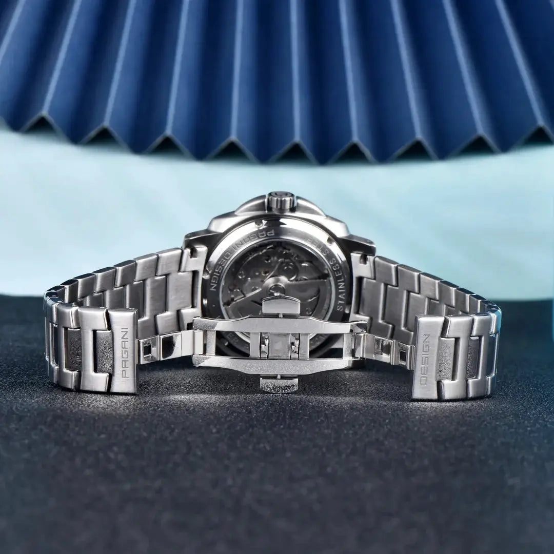 PAGANI Design stainless steel men's automatic watch with transparent case back and deployment clasp 200m water resistant