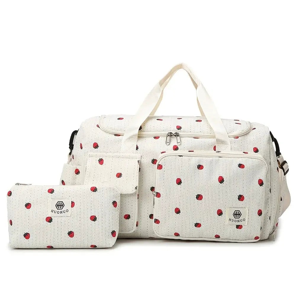 Strawberry travel bag set in cream corduroy with red berries; 3-piece bag and pouch set, HUOHUO label visible