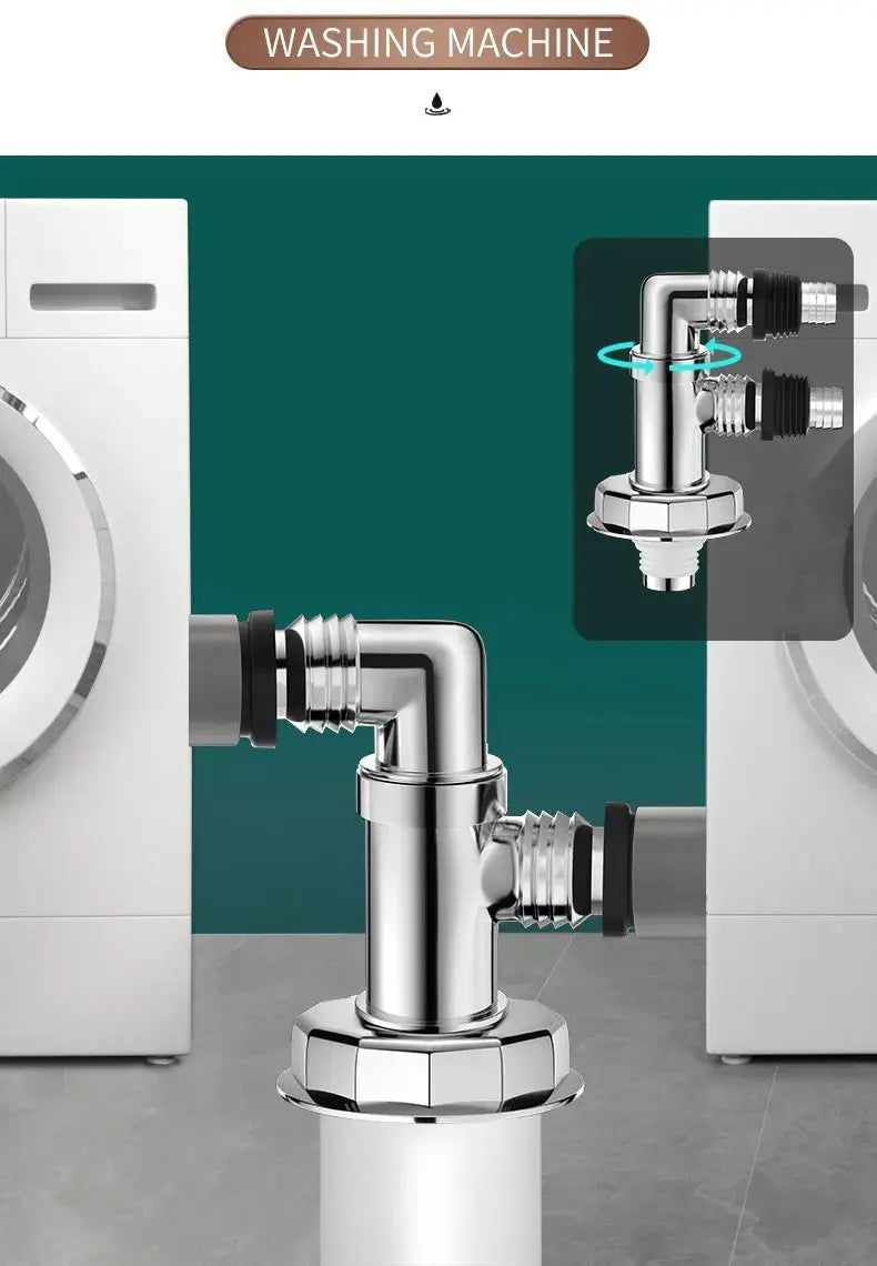 Chrome washing machine floor drain joint, double-purpose pipe connector with universal hose adapter.
