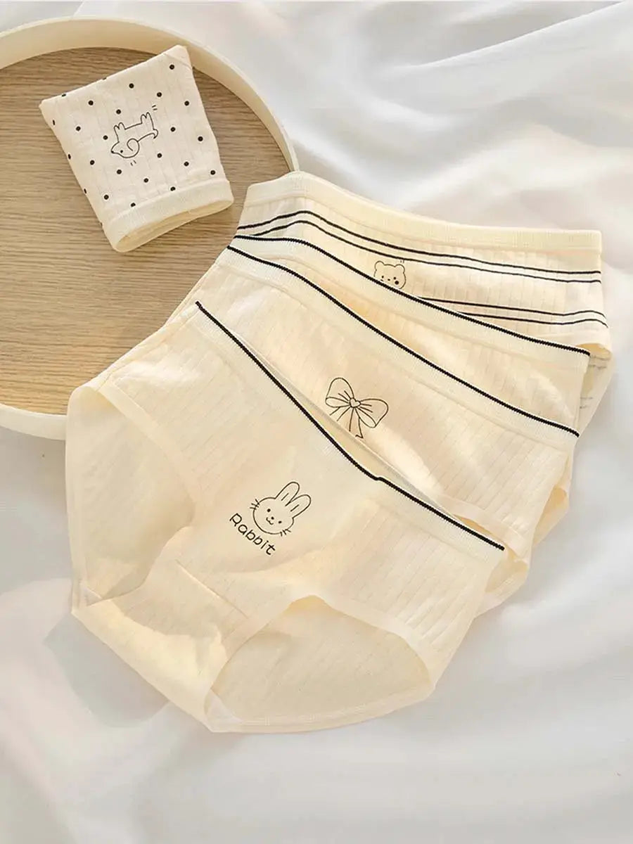 5-pack cotton women's underwear set in cream with ribbed texture, black stripes, and bunny and bow prints