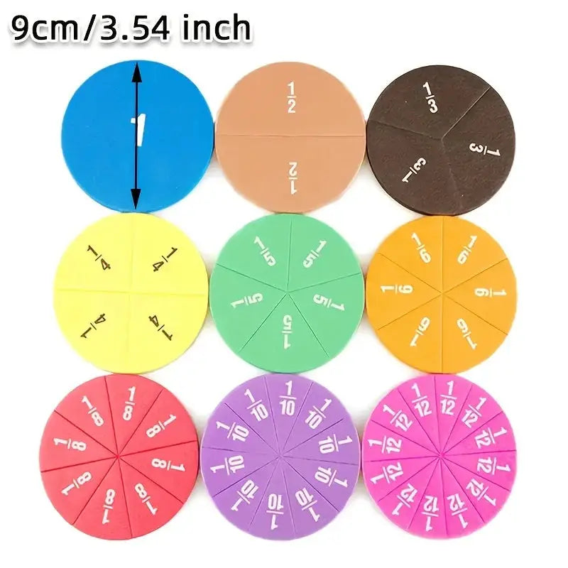 Simples Market Interactive fraction manipulatives: 9 EVA discs in assorted colors with fractions 1/2–1/12.